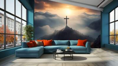 Christian cross on top of mountain at sunset. Religion, God, Christianity concept. Generative AI Wall mural