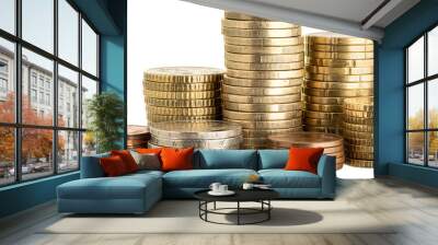 Close up of euro coins stacked isolated Wall mural