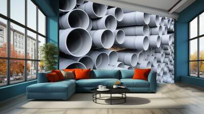 Gray PVC tubes plastic pipes stacked in rows Wall mural