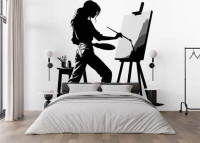 Silhouette of a female artist painting a canvas on an easel. vector illustration Wall mural