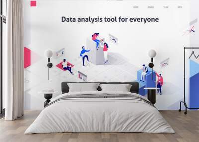 people in a team build a time schedule and interact with graphs. landing page template. 3d isometric Wall mural