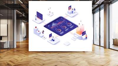 People interacting with charts and analysing statistics. Data visualisation concept. 3d isometric illustration. Wall mural