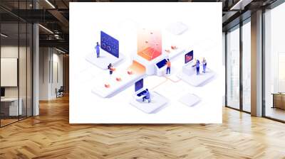 People interacting with charts and analysing statistics. Data visualisation concept. 3d isometric illustration. Wall mural