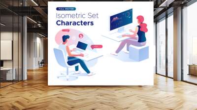 People work and interacting with graphs, icons and devices. Data analysis and office situations. 3D Isometric vector illustration set. Mobile application and website header images on white background. Wall mural