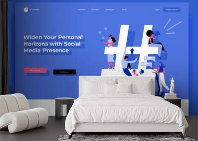 Relationship, online dating and networking concept - people sharing information via social media platforms and interacting with icons. Landing concept, cartoon style. Flat vector illustration Wall mural