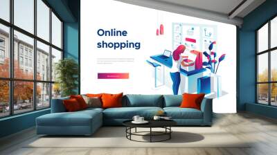 Sale, consumerism and people concept. Young woman is unpacking bags and shopping online using laptop. Landing page template. 3d vector isometric illustration. Wall mural