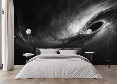 A black and white image of a black hole with a swirling vortex Wall mural