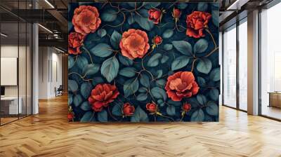 A blue and red floral pattern with red roses Wall mural