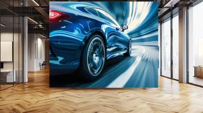 A blue car is driving down a road with a blurred background Wall mural