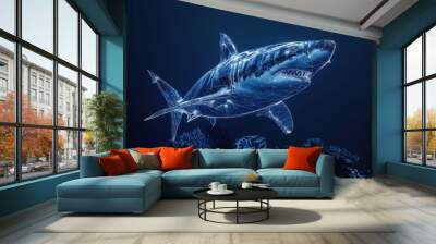 A blue shark is shown in a blue background Wall mural