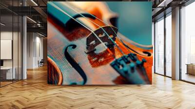 A close up of a violin with a wooden bridge Wall mural