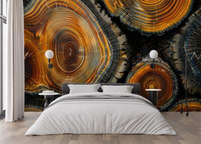 A close up of several large, round logs with a mix of brown and black colors Wall mural