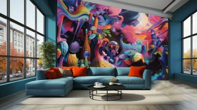 A colorful painting of a fantastical world with many different creatures Wall mural