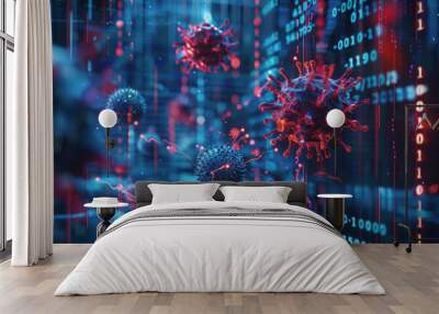 A computer screen shows three red and blue viruses Wall mural