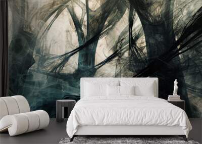 A dark forest with smoke in the background Wall mural