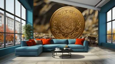 A gold coin with a circle design on it sits on a rocky surface Wall mural