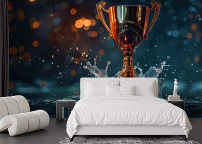 A gold cup is sitting in a pool of water with a splash of water around it Wall mural