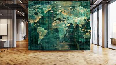 A green and gold globe with a map of the world on it Wall mural