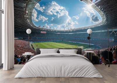 A group of people are sitting in a stadium, wearing red hats and jackets Wall mural