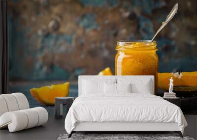 A jar of orange jam sits on a wooden table with a spoon next to it Wall mural