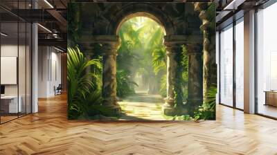 A lush green jungle with a stone archway leading through it Wall mural