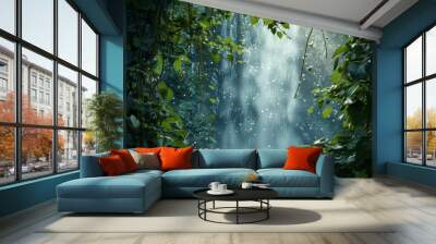 A magical waterfall hidden behind a curtain of vines, its waters sparkling with enchantment Wall mural