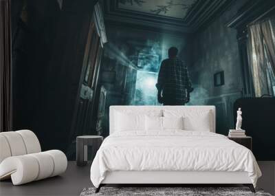 A man haunted by a ghost, with no exorcist or protection, in a haunted house Wall mural