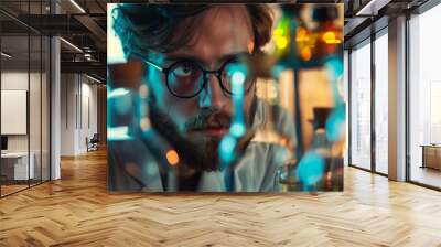 A man with glasses is looking at a bunch of bottles Wall mural