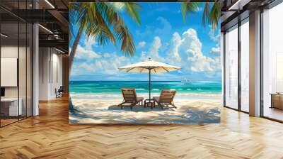 A painting of a beach with two beach chairs under a white umbrella Wall mural