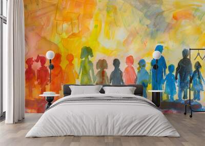 A painting of a group of children holding hands in a rainbow line Wall mural