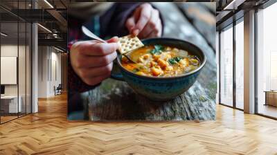 A person eating a bowl of soup with a spoon and a cracker Wall mural