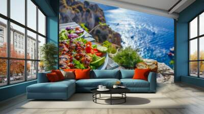 A plate of food with a glass of wine on a table overlooking the ocean Wall mural