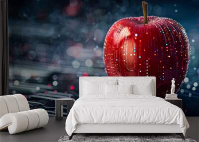 A red apple is sitting on a black surface with a lot of sparkles Wall mural