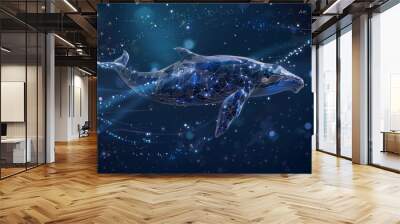 A whale is swimming in the ocean with stars in the background Wall mural