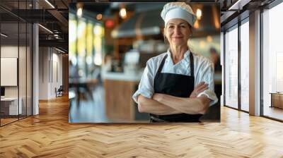 A woman chef is smiling and wearing a white hat and apron Wall mural