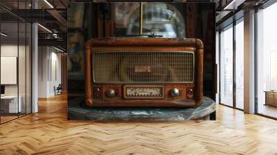 An old radio with a wooden frame sits on a table Wall mural