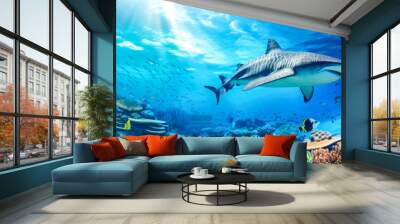 Coral reef with tropical fish and shark. Underwater panorama Wall mural