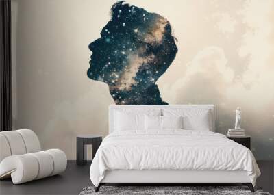 double exposure image of a man's silhouette filled with a starry night sky. Wall mural