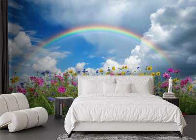 rainbow over a field of wildflowers, with a blue sky and white clouds Wall mural