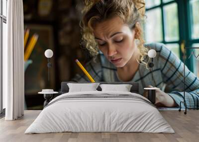 woman doing a crossword puzzle, with a pencil in her hand and a furrowed brow Wall mural