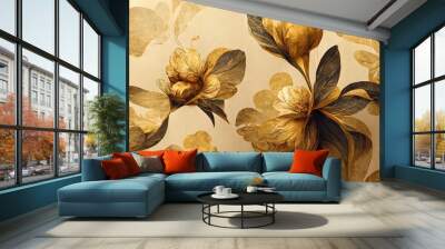 4K golden floral background, abstract vintage flower design, mural art, gold nature, 3D illustration, 3D render. Wall mural