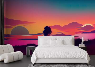 A sad girl looking into the distance at sunset. Emotional, depressing, happy feelings. Colorful sunrise sky. Beautiful pretty girl thinking. Deperessed, moody, lofi girl. Summer night. Painting. Wall mural