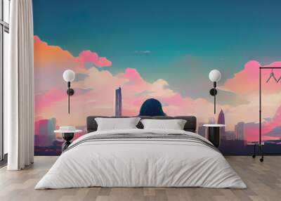 A sad girl looking into the distance at sunset. Emotional, depressing, happy feelings. Colorful sunrise sky. Beautiful pretty girl thinking. Deperessed, moody, lofi girl. Summer night. Painting. Wall mural