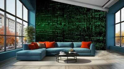 A screen filled with green code on black backdrop, representing technology, cyber security, and hacking. This digital illustration of the world of programming and internet communication. Generative AI Wall mural