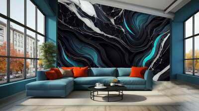 Abstract 4k wallpaper. Liquid fluid, black dark marble, obsidian, with blue, aqua, teal ripples. Modern clean backdrop. Textures, textured illustration with ripples.  Wall mural