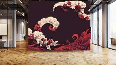 Abstract chinese, japanese ink calligraphy painting. Black and red abstract illustration painted with brush. Red flowers, black wave, cherry blossom on chinese paper. 4K background, wallpaper Wall mural