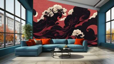 Abstract chinese, japanese ink calligraphy painting. Black and red abstract illustration painted with brush. Red flowers, black wave, cherry blossom on chinese paper. 4K background, wallpaper Wall mural