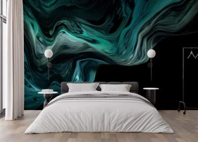 An abstract wallpaper showcases a flowing design where green meets black. Bright waves of color create a futuristic texture, the backdrop glowing with the energy of digital motion. Generative AI. Wall mural