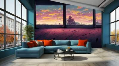 Anime, manga empty room at dusk. 4K moody, lofi, abstract background. Sad beautiful artwork with pink clouds. Wall mural