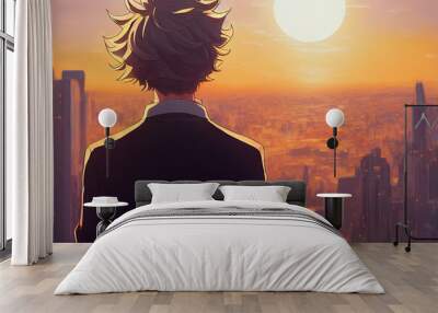 Anime man looking in the distance at sunset. Manga style digital artwork. Hopeful young character. Emotional man thinking. Person in love being sad and depressed. Cartoon illustration. Man in a suit. Wall mural